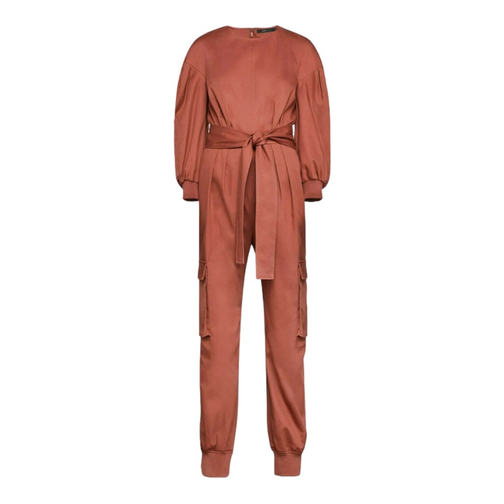 BCBGMaxAzria Rust Brown Long-Sleeve Belted Jumpsuit